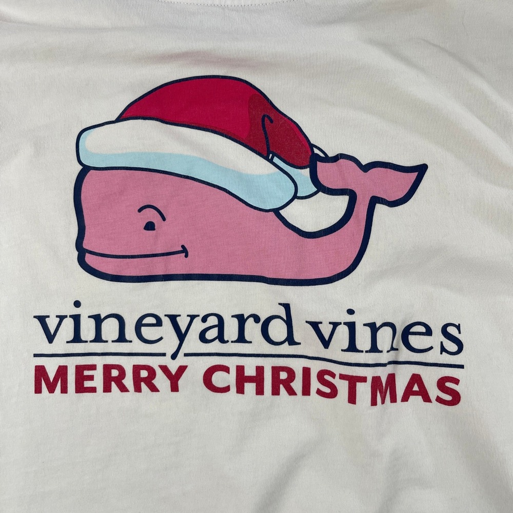 Vineyard Vines Mens Small White Long Sleeve Santa Hat Whale Pocket Tee
